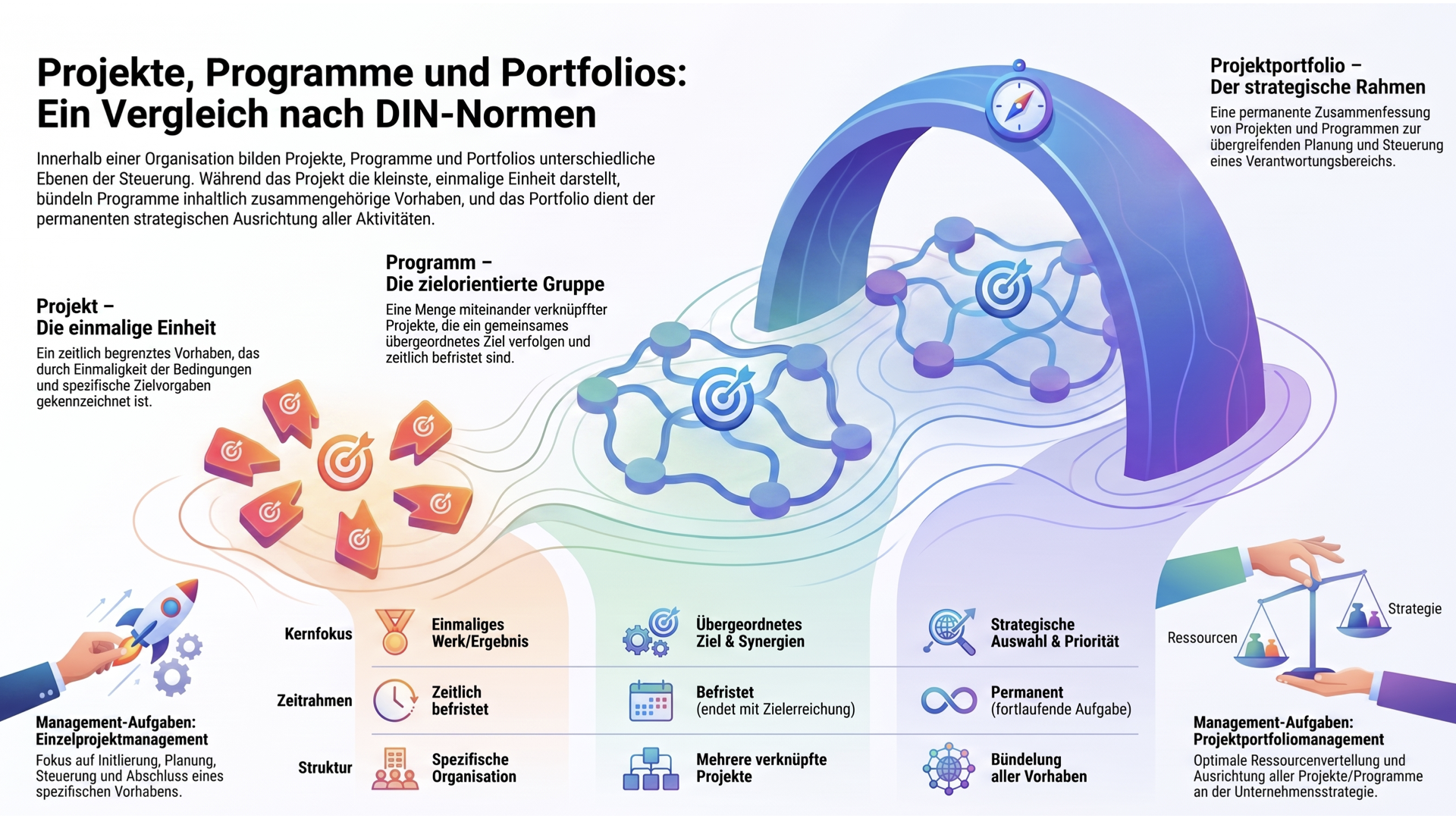 Projekte, Programme und Portfolios im Vergleich nach DIN-Normen: Das Projekt als einmalige Einheit, das Programm als zielorientierte Gruppe miteinander verknüpfter Projekte und das Projektportfolio als permanenter, strategischer Rahmen.